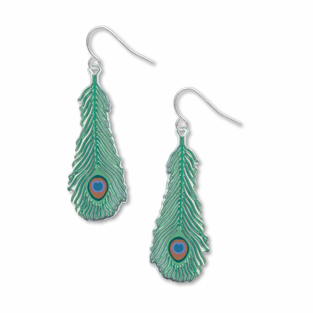 dangling peacock feather inspired-shaped earrings with a white background