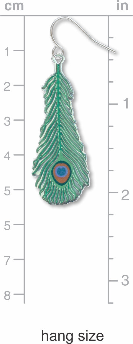 peacock feather-shaped earring with a measurement scale in centimeters and inches below.
