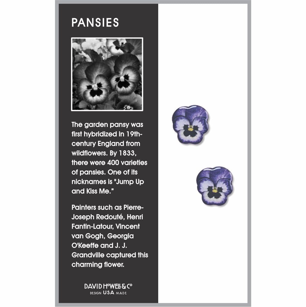 pansies earrings inside product package with info card