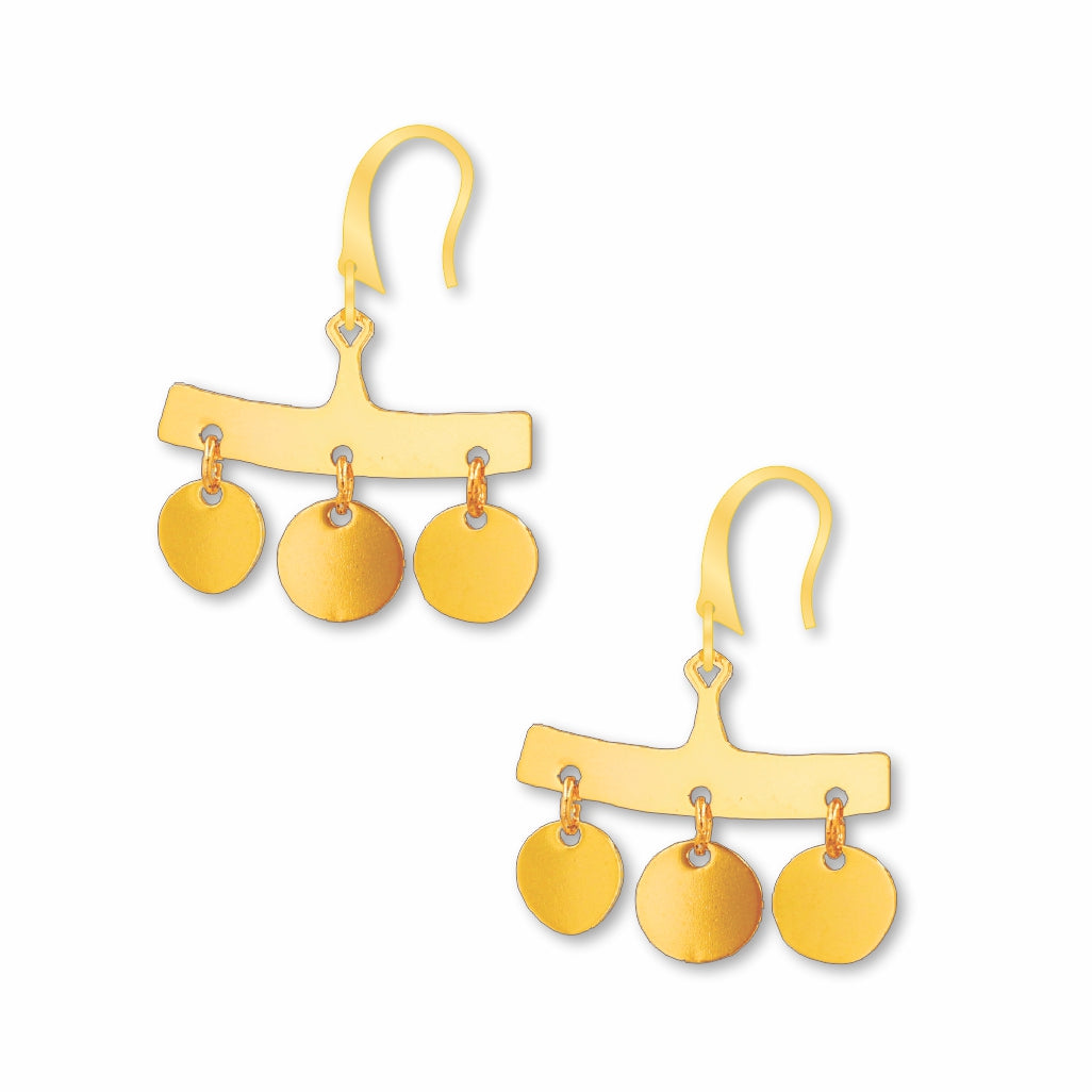 Gold earrings with circular pendants on a white background