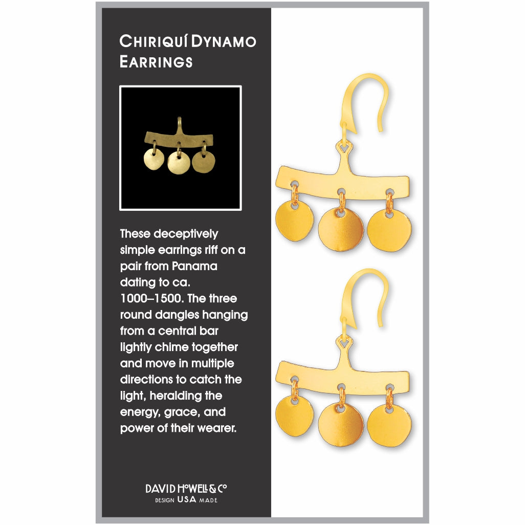 Chiriquó Dynamo earrings packaging with gold earrings and descriptive text.