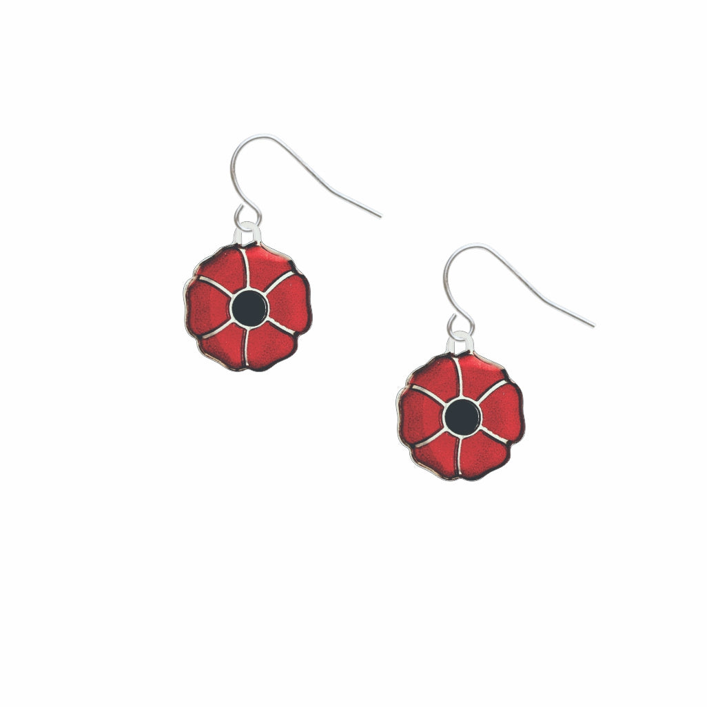 Red Poppy enamel dangle earrings featuring vibrant red flower petals with black center details and silver-tone hooks.