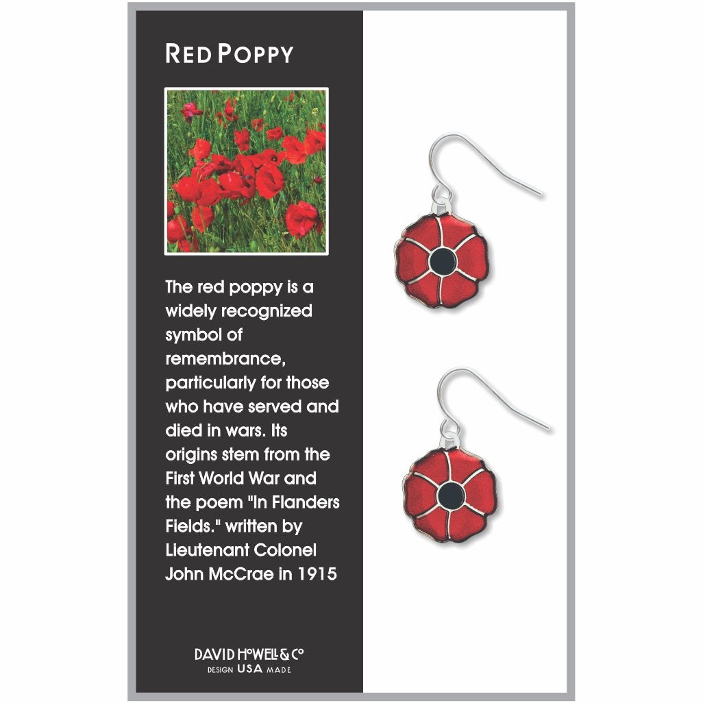 Red Poppy enamel dangle earrings featuring bright red flower petals with black center details, inspired by the symbolic remembrance poppy.