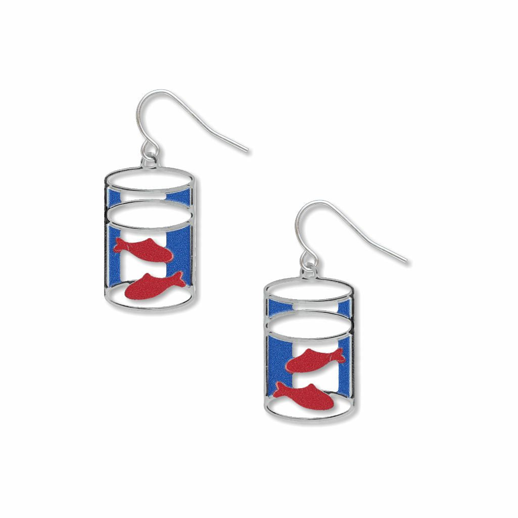 Goldfish earrings inspired by Matisse and Lichtenstein, featuring red fish inside a cylindrical bowl design with blue enamel accents and silver hooks.