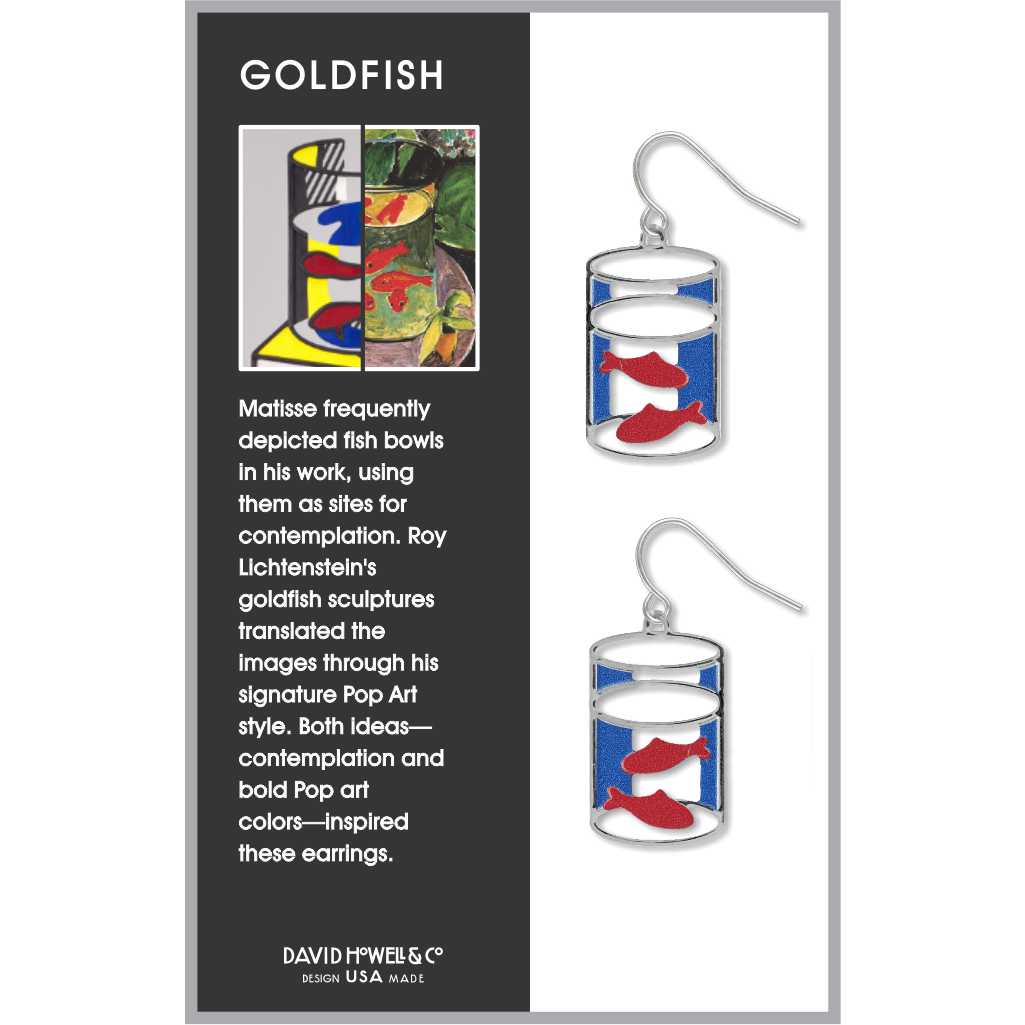 Goldfish earrings inspired by Matisse and Lichtenstein, featuring red fish inside a cylindrical bowl design with blue enamel accents and silver hooks.