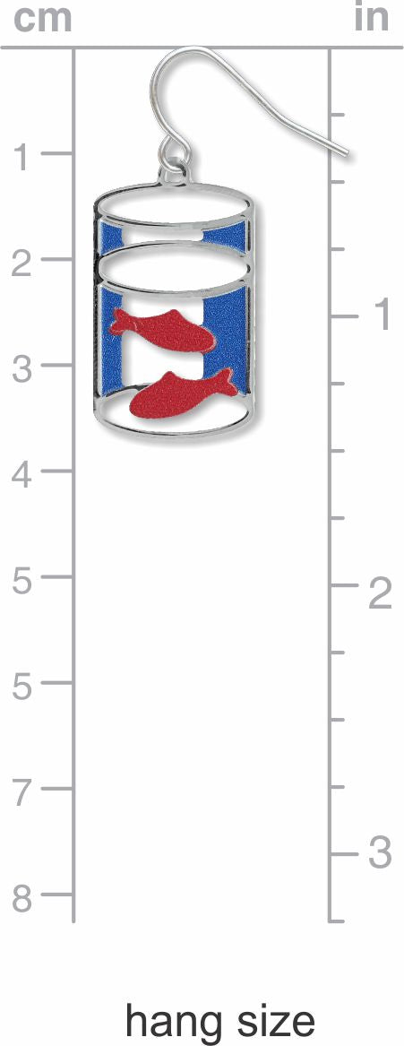 Goldfish drop earring shown with measurement scale indicating hang size, featuring red fish inside a silver cylindrical bowl design with blue enamel accents.