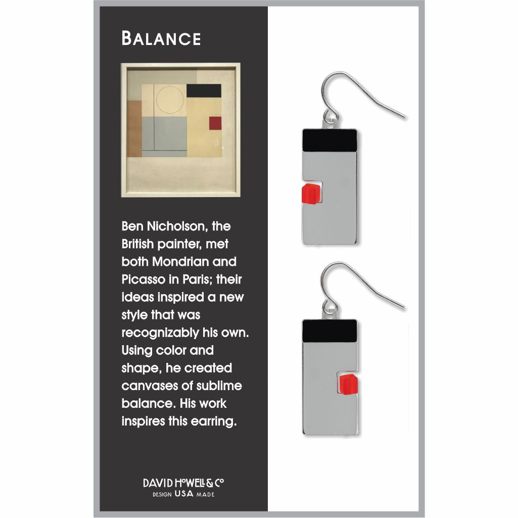 Balance earrings inspired by abstract art, featuring geometric silver rectangles with black and red accents and hook backings.