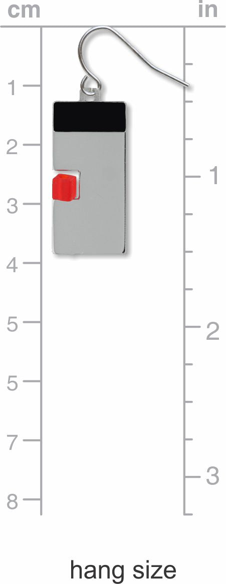 Balance earring shown with measurement scale indicating hang size, featuring a geometric silver rectangle with black top and red accent block.