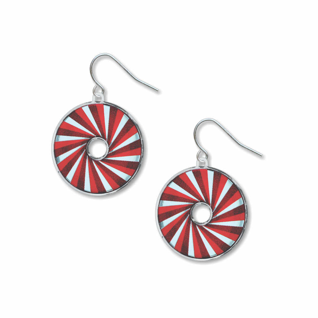 Rangoon Red earrings: red and light blue spiral circle drop earrings inspired by automotive tail light design on white background