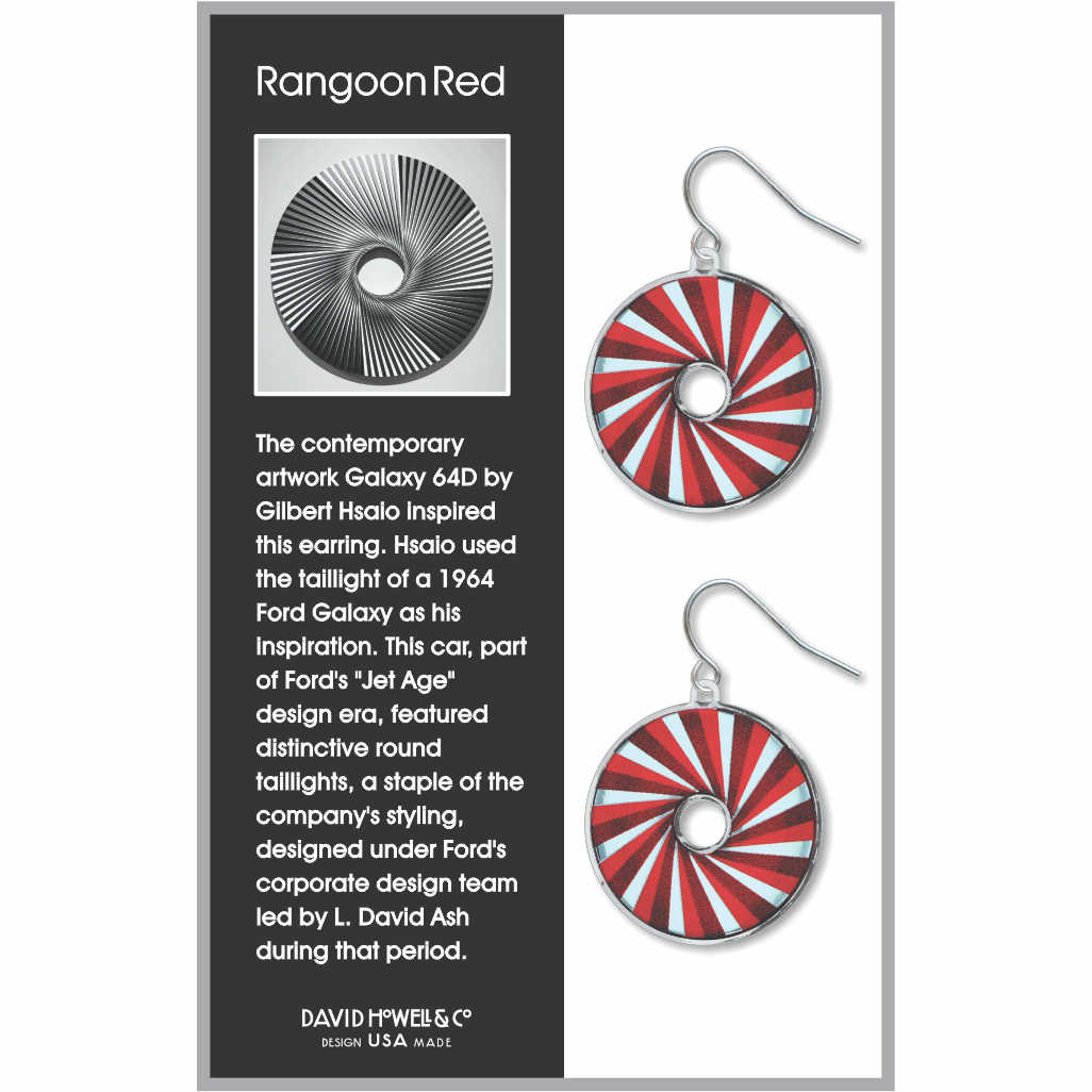 Rangoon Red earrings: red, and light bnlue circle drop earrings inspired by automotive tail light design.
