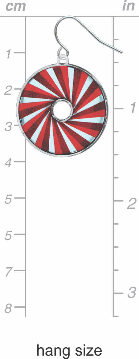 Rangoon Red earrings: red and light blue, spiral circle drop earring with silver-tone ear wire, size shown on centimeter and inch measurement chart.