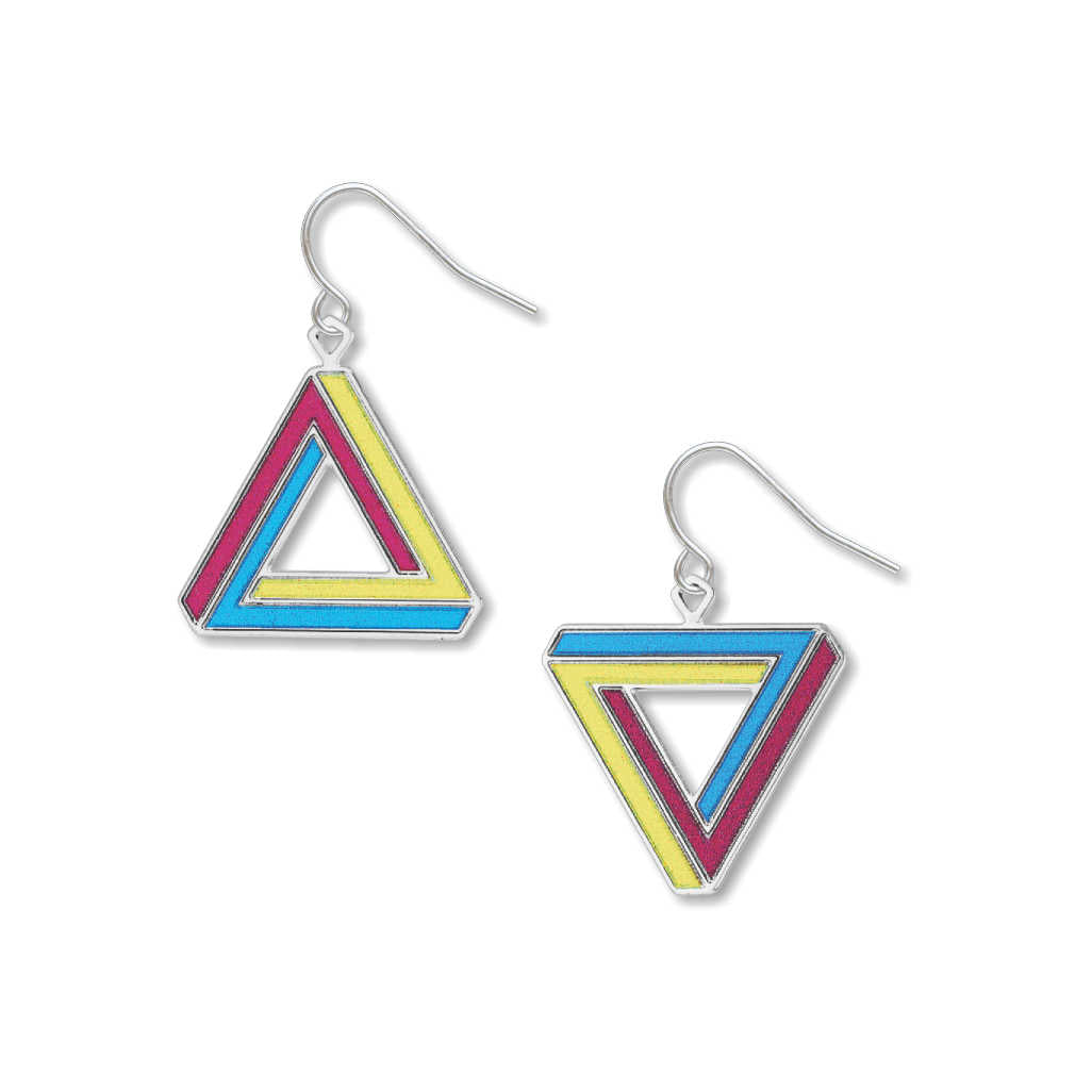 Deception earrings: pair of pink, yellow, and blue impossible triangle drop earrings on a white background.