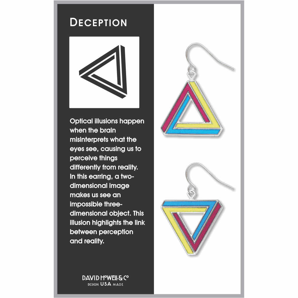 Deception earrings: pink, yellow, and blue impossible triangle drop earrings with optical illusion design.