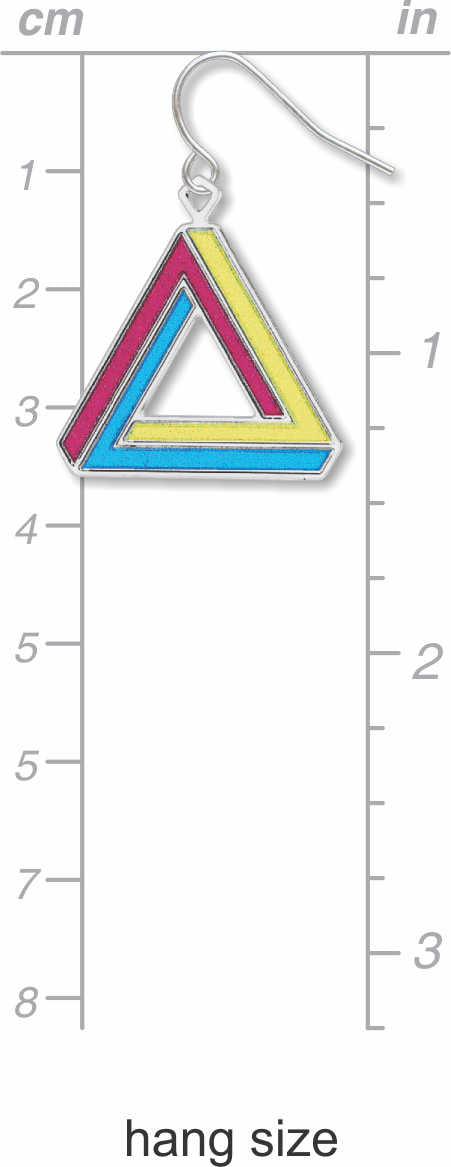 Deception earrings: pink, yellow, and blue impossible triangle drop earring with silver-tone ear wire, size shown on centimeter and inch chart.