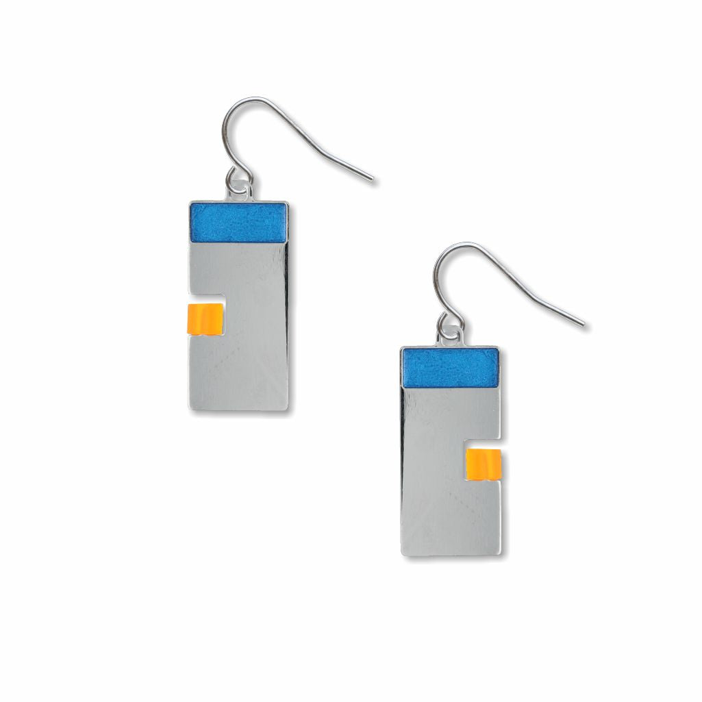 Pair of poise earrings featuring geometric silver rectangles with blue top bars and yellow accent blocks, finished with hook backings.