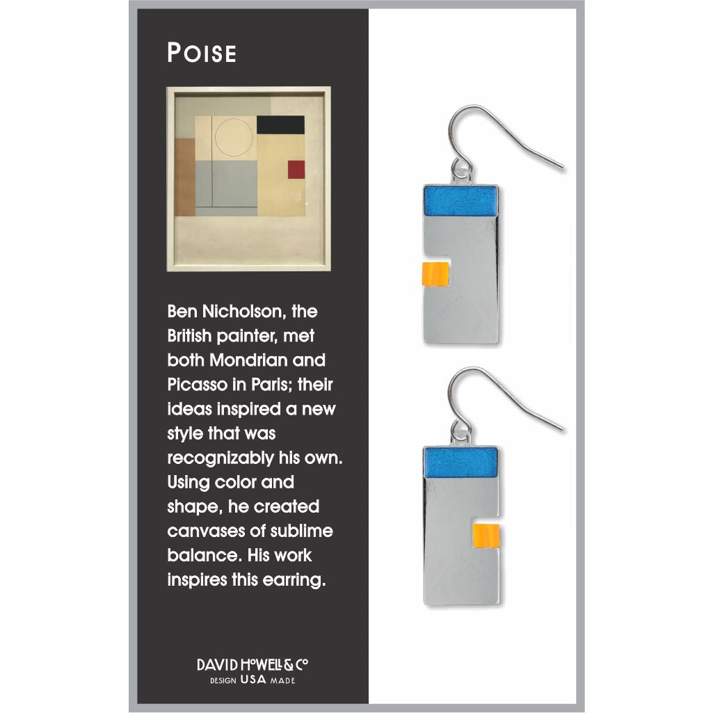 Poise earrings inspired by abstract art, featuring geometric silver rectangles with blue top bars and yellow accent blocks with hook backings.