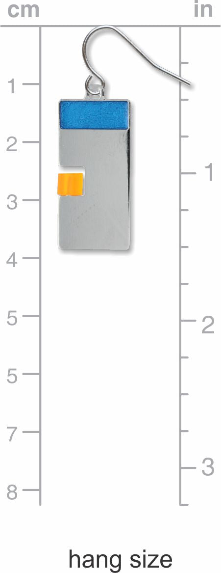 Poise earring shown with measurement scale indicating hang size, featuring a geometric silver rectangle with blue top bar and yellow accent block.
