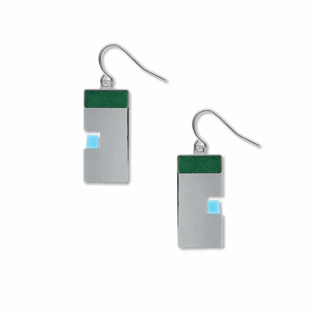 Harmony geometric drop earrings featuring a sleek silver rectangular form with a deep green top bar and a soft blue accent, creating a clean, modern abstract design.