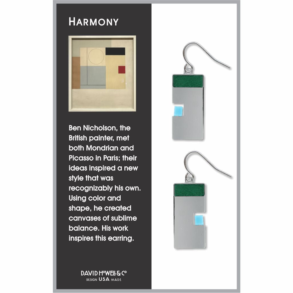 Harmony geometric drop earrings featuring a silver rectangular design with a deep green top bar and a soft blue accent, inspired by abstract balance and modern art.