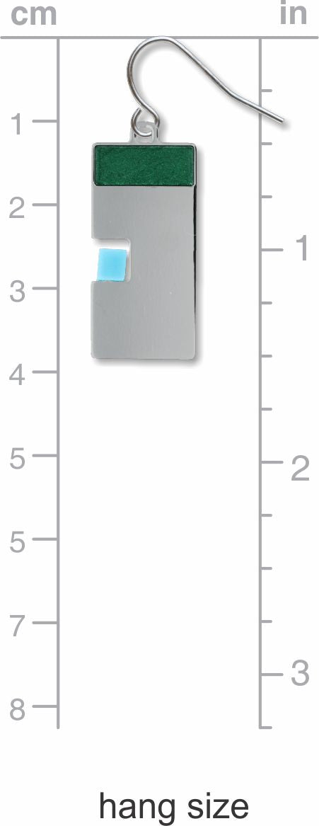 Harmony geometric drop earring shown with size scale, featuring a silver rectangular design with a deep green top bar and a soft blue accent to indicate approximate hanging length.