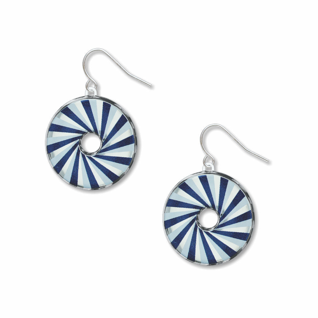 Belmont Blue earrings: navy blue, light blue, and white spiral circle drop earrings inspired by automotive tail light design on white background