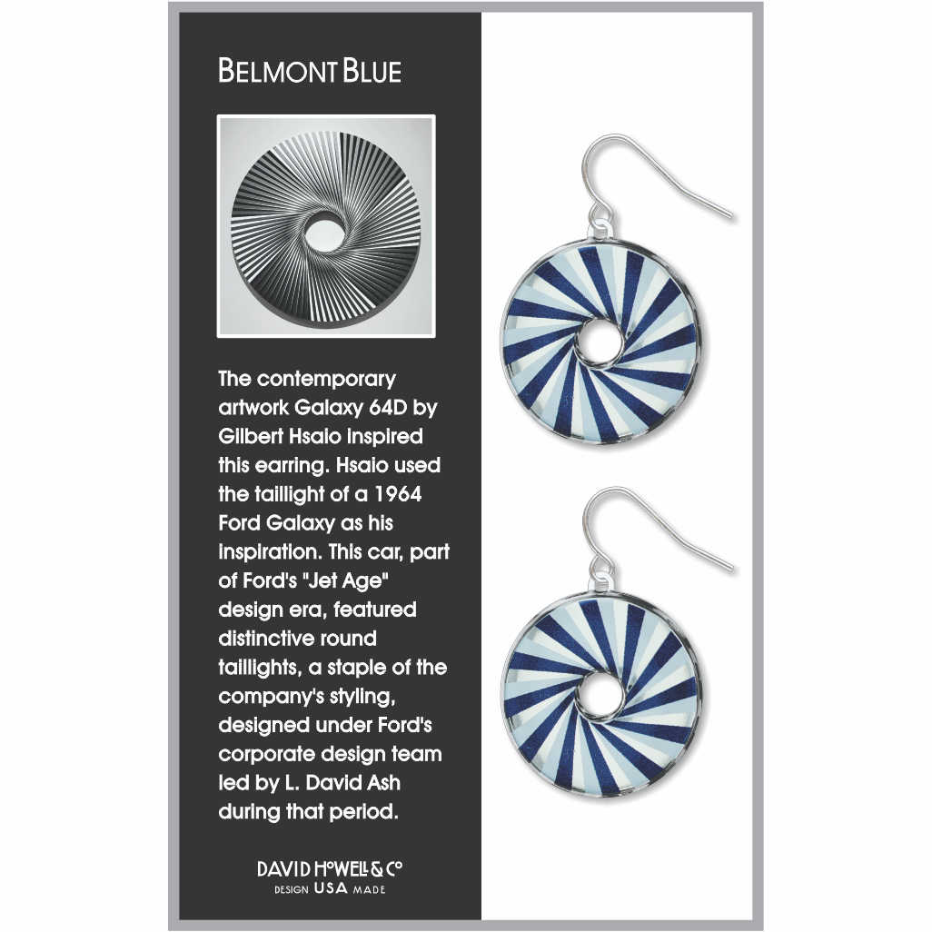 Belmont Blue earrings: navy blue, light blue, and white spiral circle drop earrings inspired by automotive tail light design.