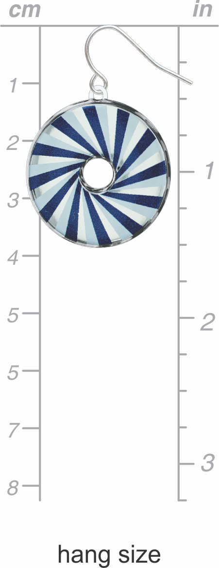 Belmont Blue earrings: navy blue, light blue, and white spiral circle drop earrings shown on centimeter and inch measurement chart.