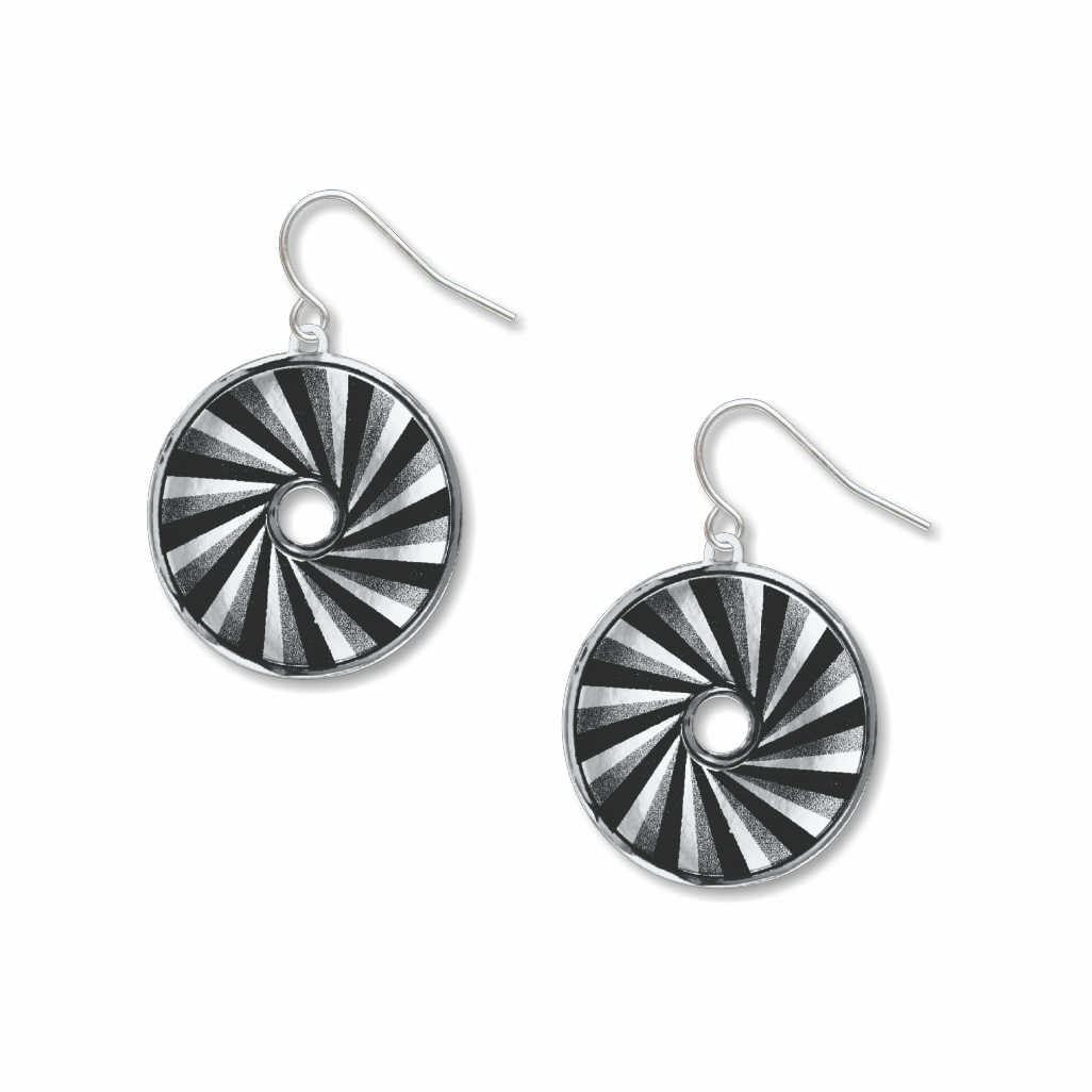 Raven Black earrings: black, silver, and white spiral circle drop earrings inspired by automotive tail light design on white background