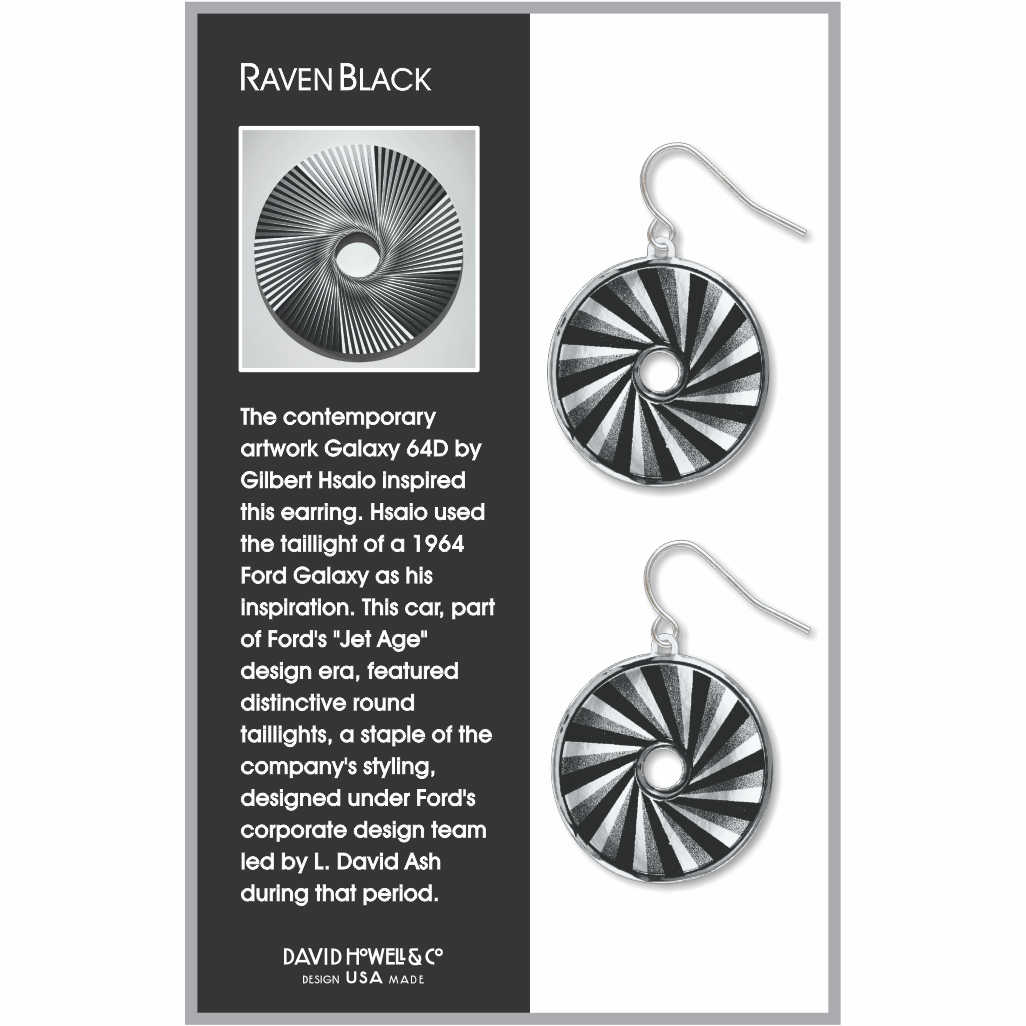 Raven Black earrings: black, silver, and white spiral circle drop earrings inspired by automotive tail light design
