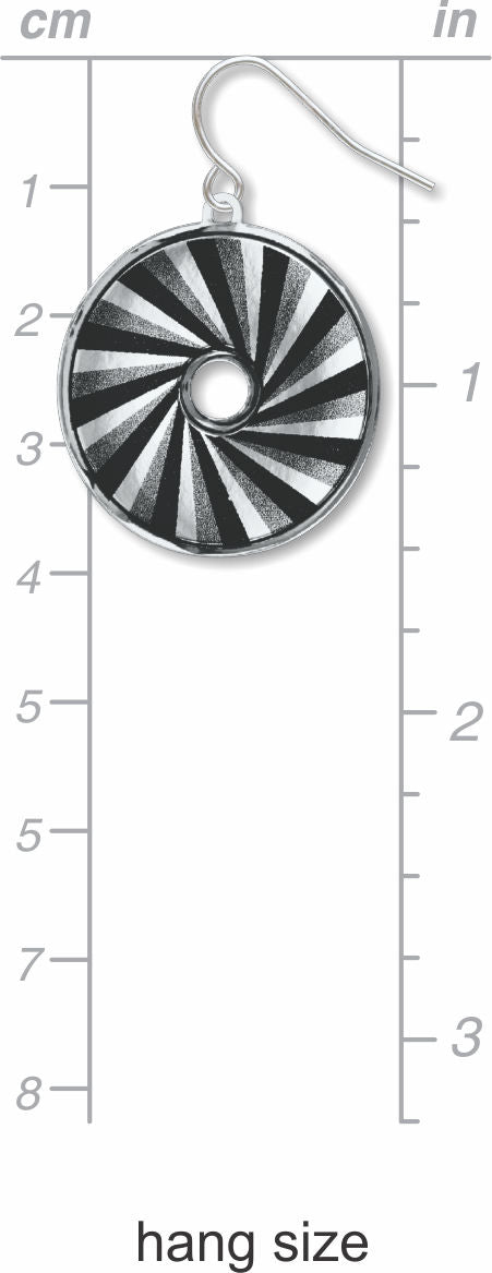 Raven Black earrings: black, silver, and white spiral circle drop earring shown on centimeter and inch measurement chart.
