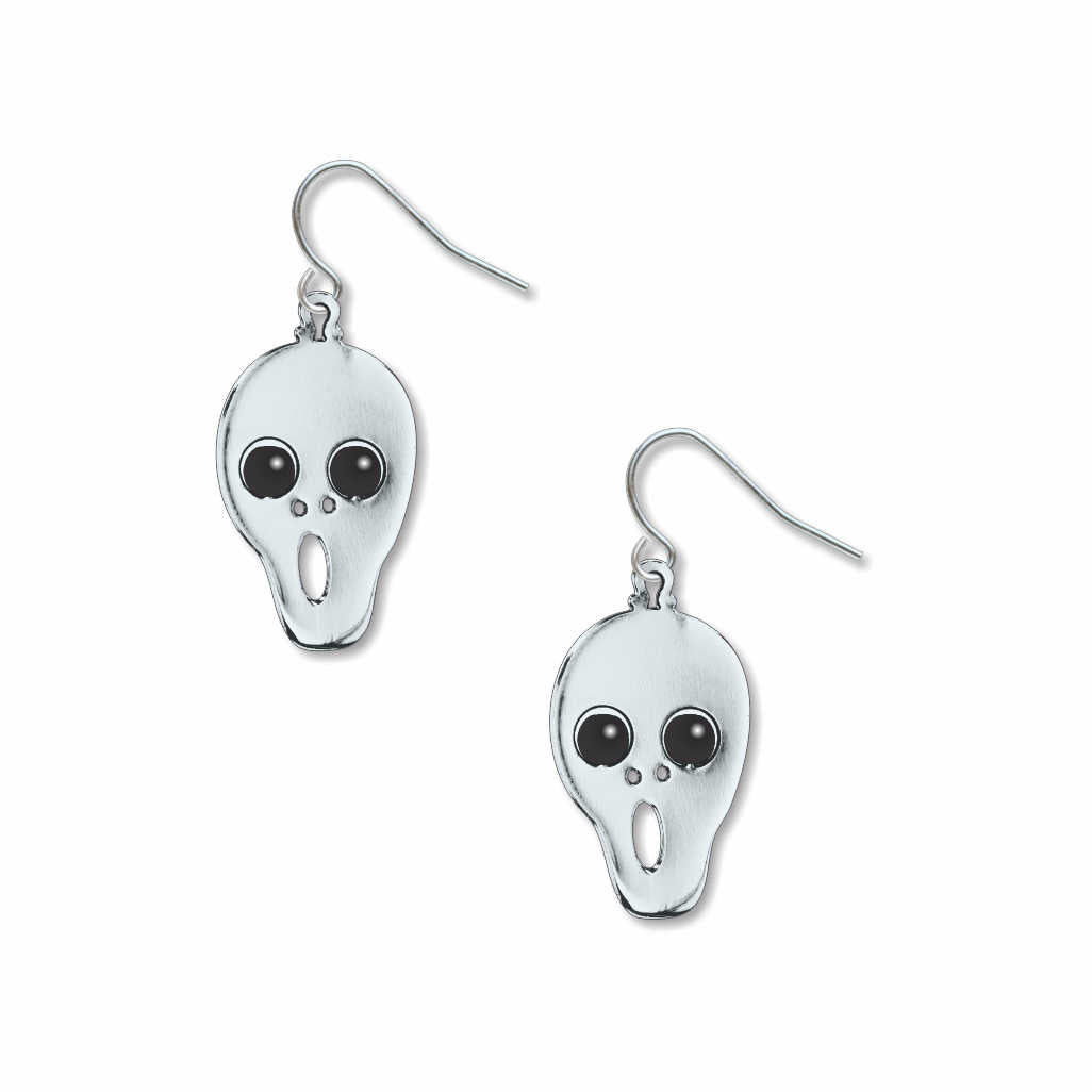 The Scream earrings: white ghost face drop earrings with black eyes and mouth, inspired by Edvard Munch's The Scream on white background