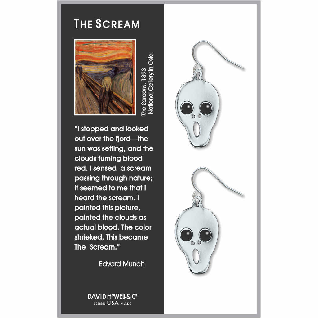 The Scream earrings: white ghost face drop earrings with black eyes and mouth, inspired by Edvard Munch's The Scream.