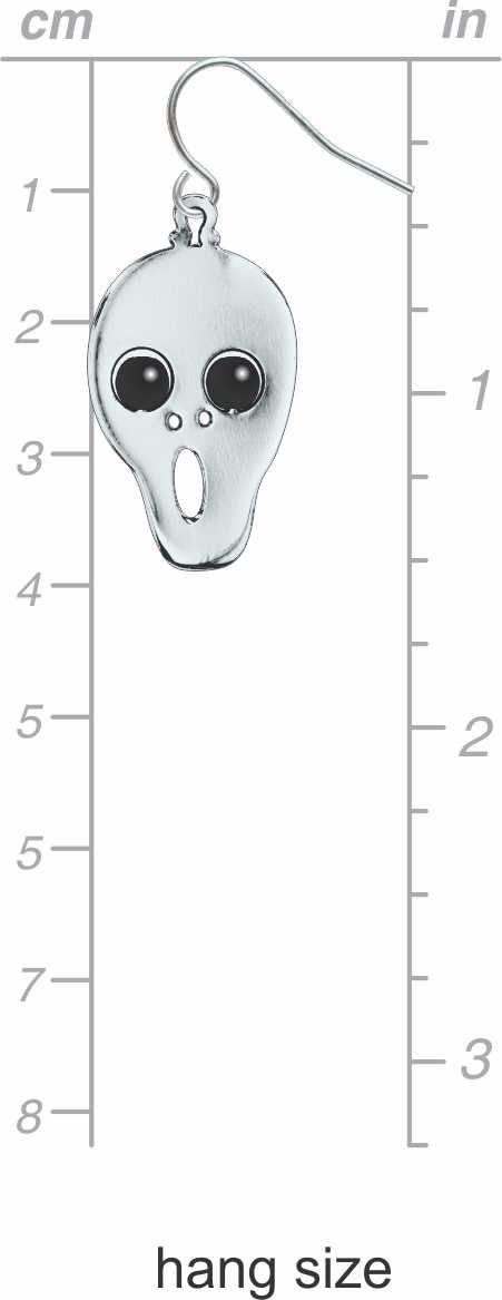 The Scream earrings: white ghost face drop earrings with black eyes and mouth, inspired by Edvard Munch's The Scream show on a centimeter and inch measurement chart