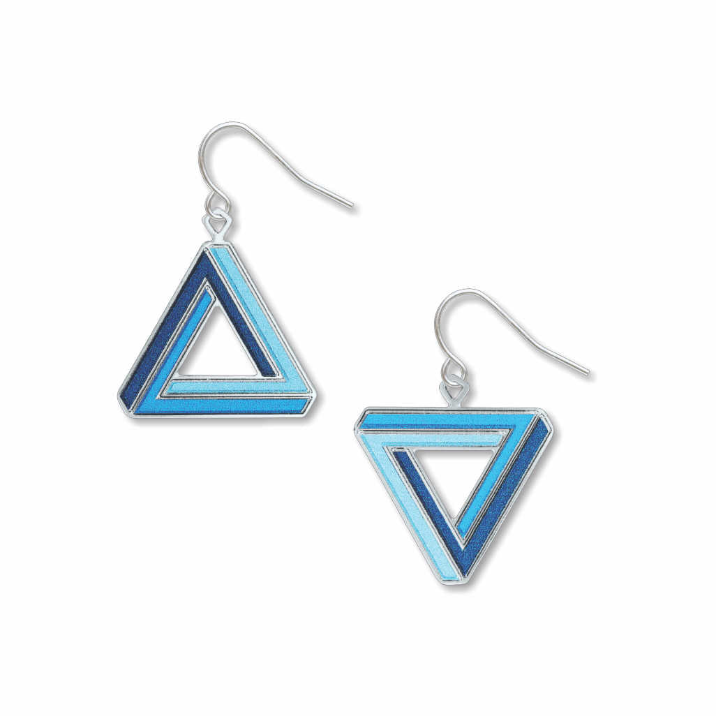 Illusion earrings: navy blue, blue, and light blue impossible triangle drop earrings inspired by optical illusions on white background