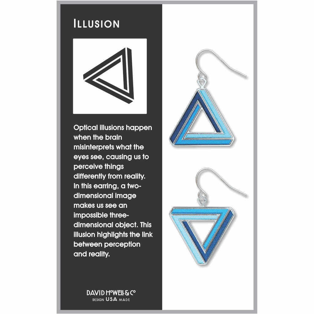 Illusion earrings: navy blue, blue, and light blue impossible triangle drop earrings inspired by optical illusions.