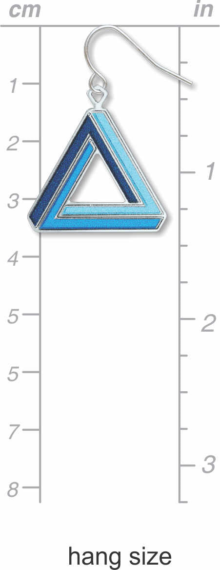 Illusion earrings: navy blue, blue, and light blue impossible triangle drop earrings inspired by optical illusions shown on a centimeter and inch measurement chart