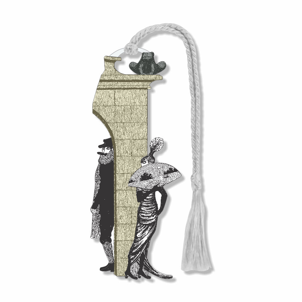 Edward Gorey Mystery! Metal Bookmark with vintage figures peeking around a stone archway and silver braided tassel artwork in his iconic black-and-white illustration style, highlighting his dark humor, intricate Victorian-inspired detail, and whimsical literary aesthetic for collectors, book lovers, and gifts