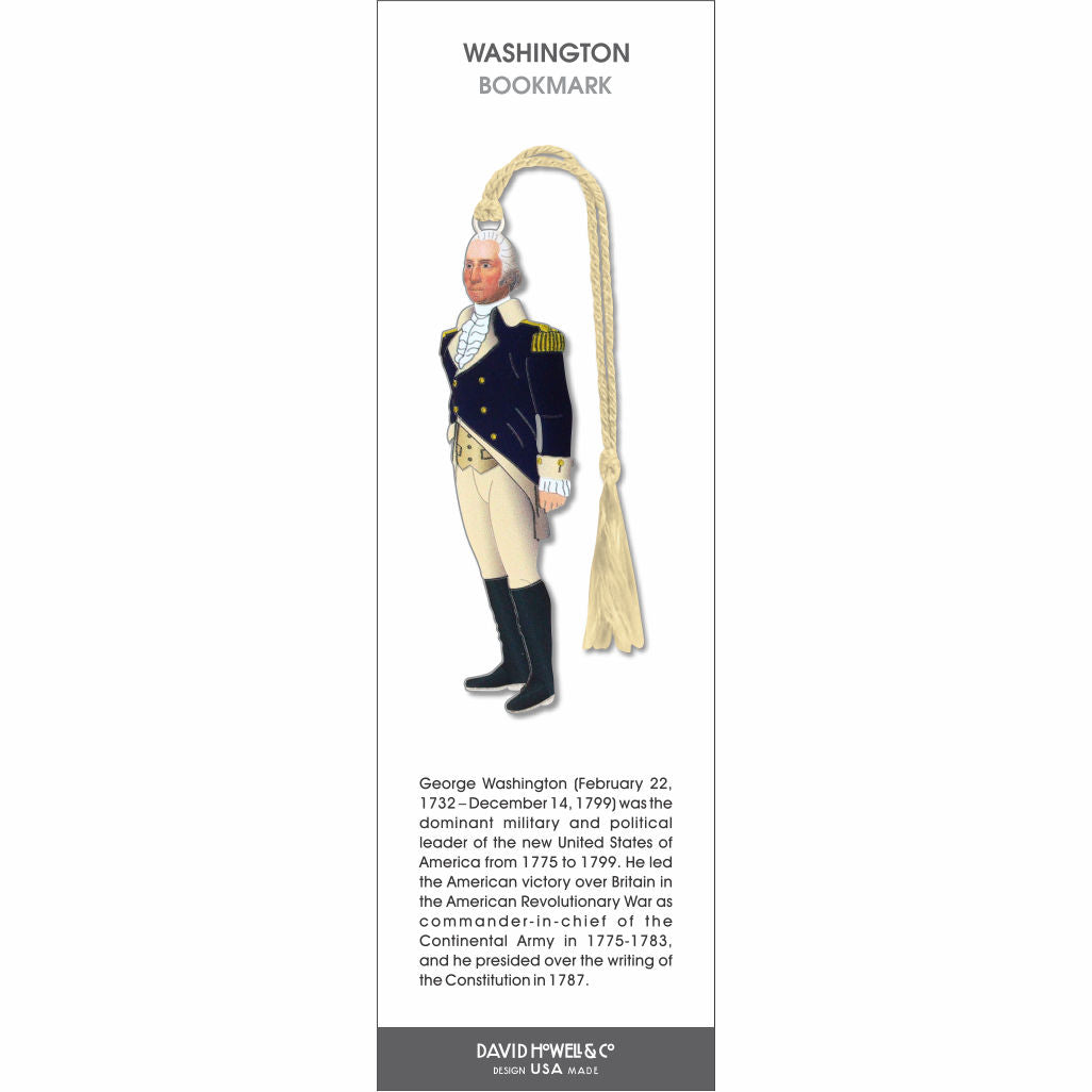 Washington’ bookmark featuring George Washington in colonial military uniform with a cream tassel.