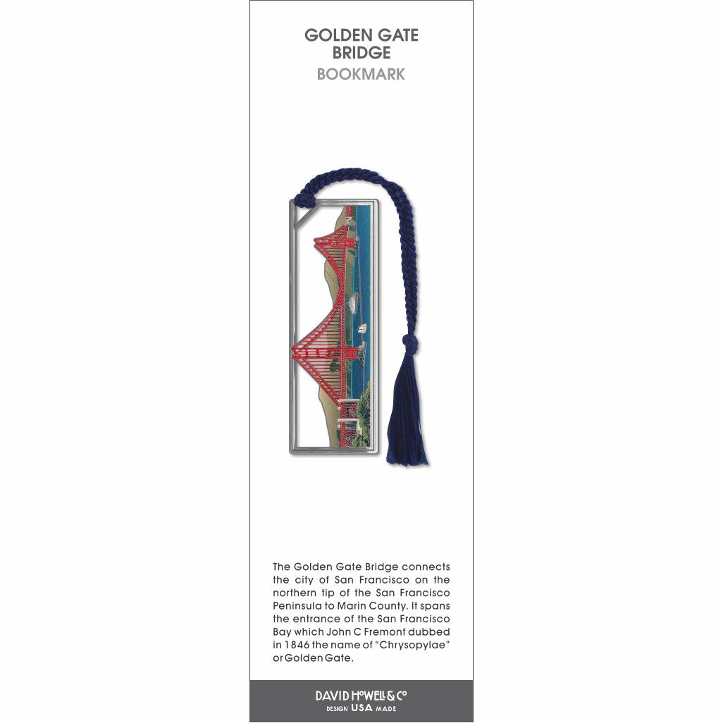 Golden Gate Bridge’ bookmark showing the red suspension bridge over water with boats and navy blue braided tassel.