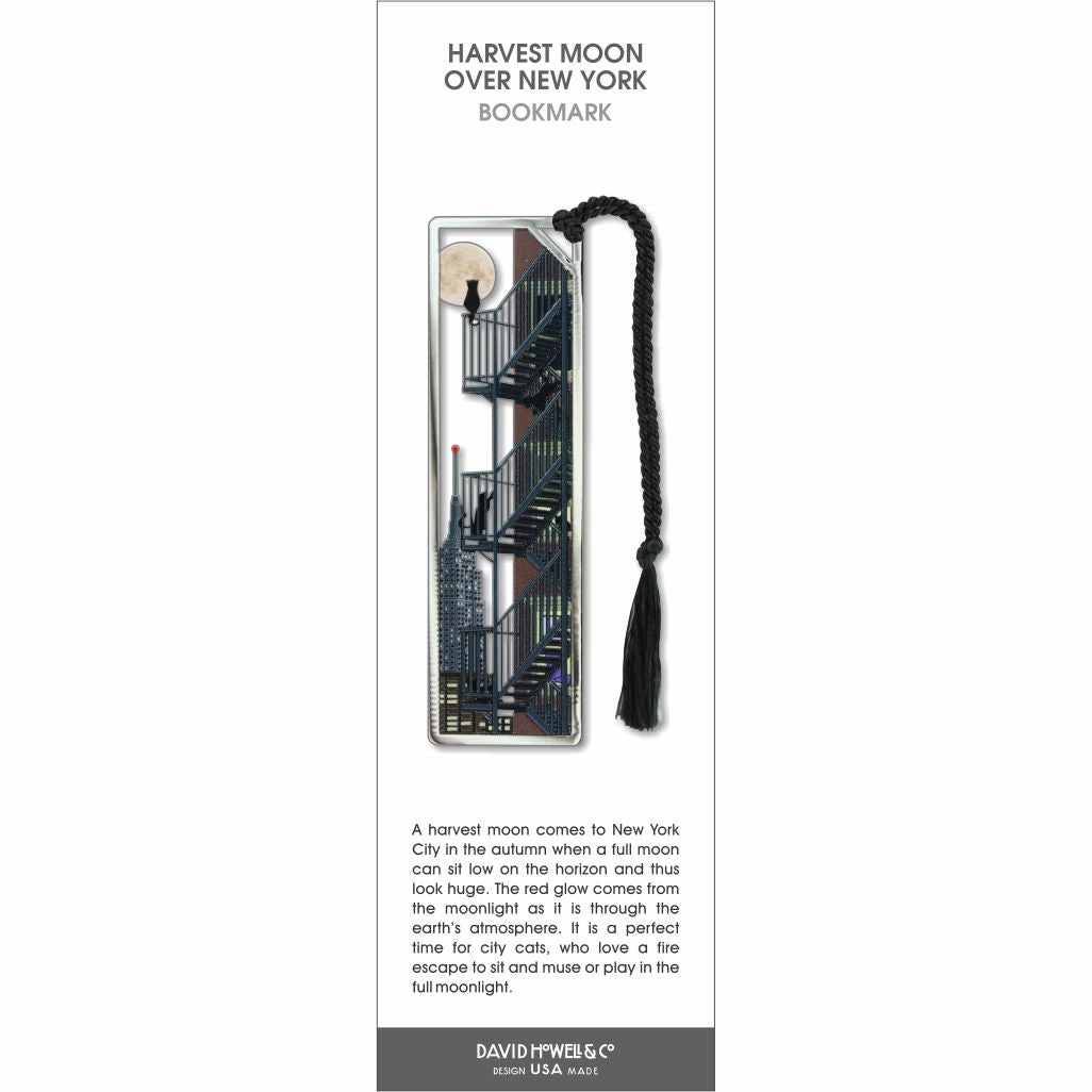 Harvest Moon Over New York bookmark with cats on a city fire escape, full moon, skyline, and black tassel.