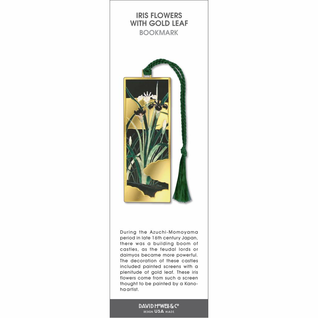 Iris flowers bookmark with gold leaf accents, green stems, dark background, and a green tassel.