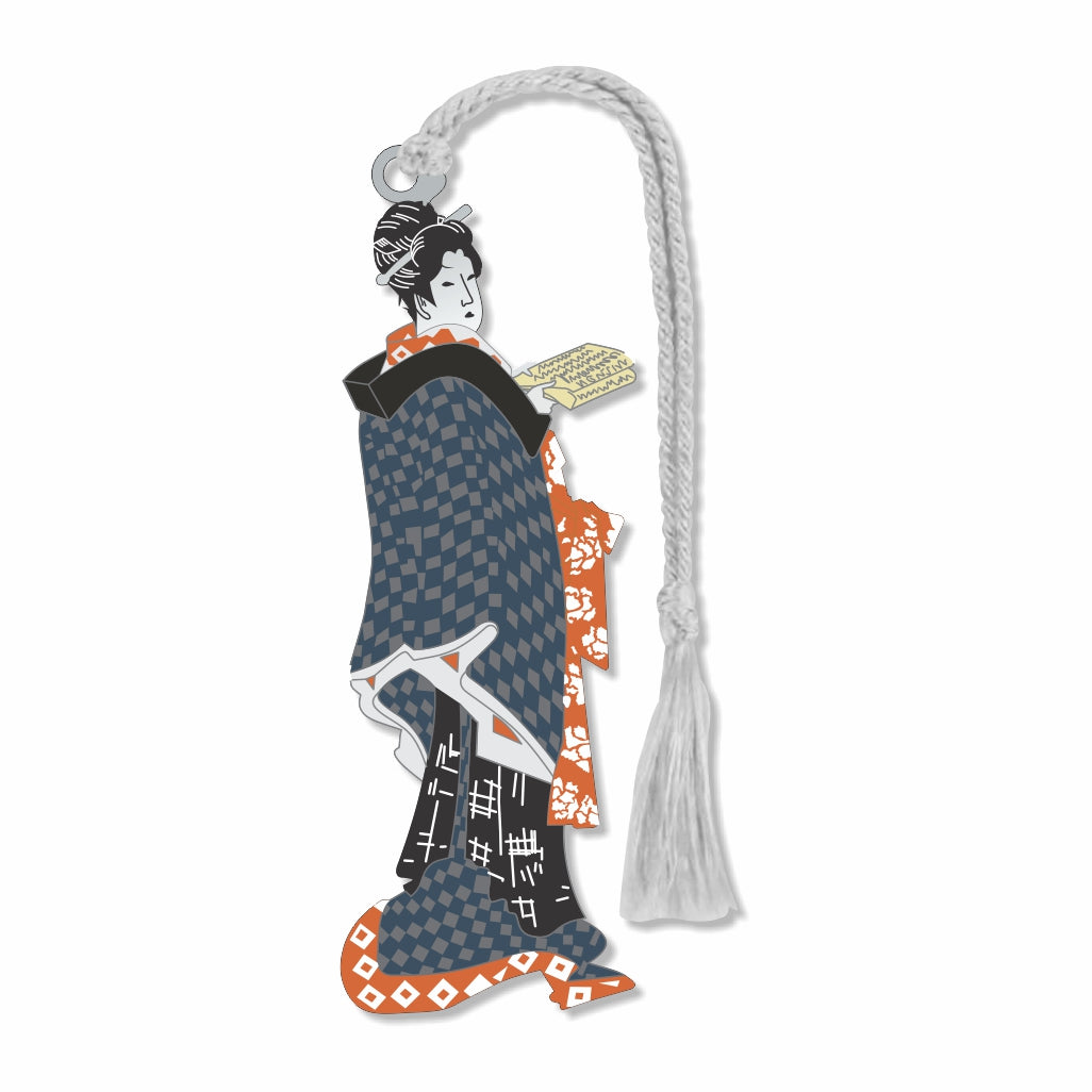 Japanese Woman Holding A Song Book Metal Bookmark featuring a traditional Japanese woman in a traditional kimono holding a songbook, inspired by Katsushika Hokusai’s surimono print style, reflecting classical poetry culture and elegant Edo-period artistry with silver braided tassel for book lovers and reader gifts.