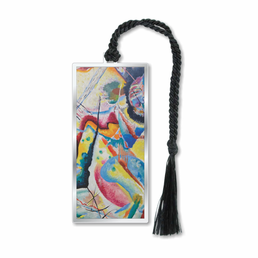 A metal bookmark with silver finish featuring a Kandinsky abstract painting with a red stain, attached to a black braided tassel.