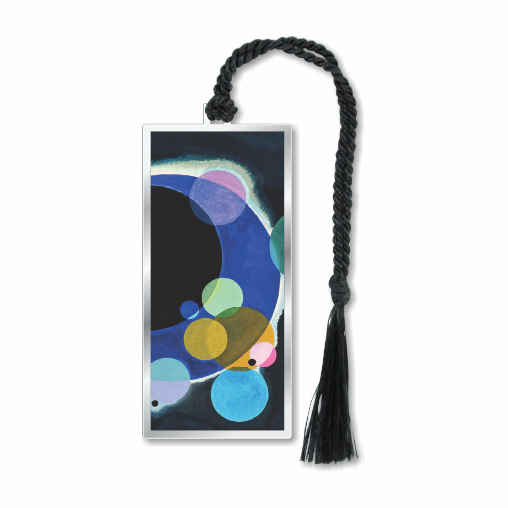 A metal bookmark with silver finish featuring an abstract giclee print of Kandinsky's artwork with several circles, attached to a black braided tassel.