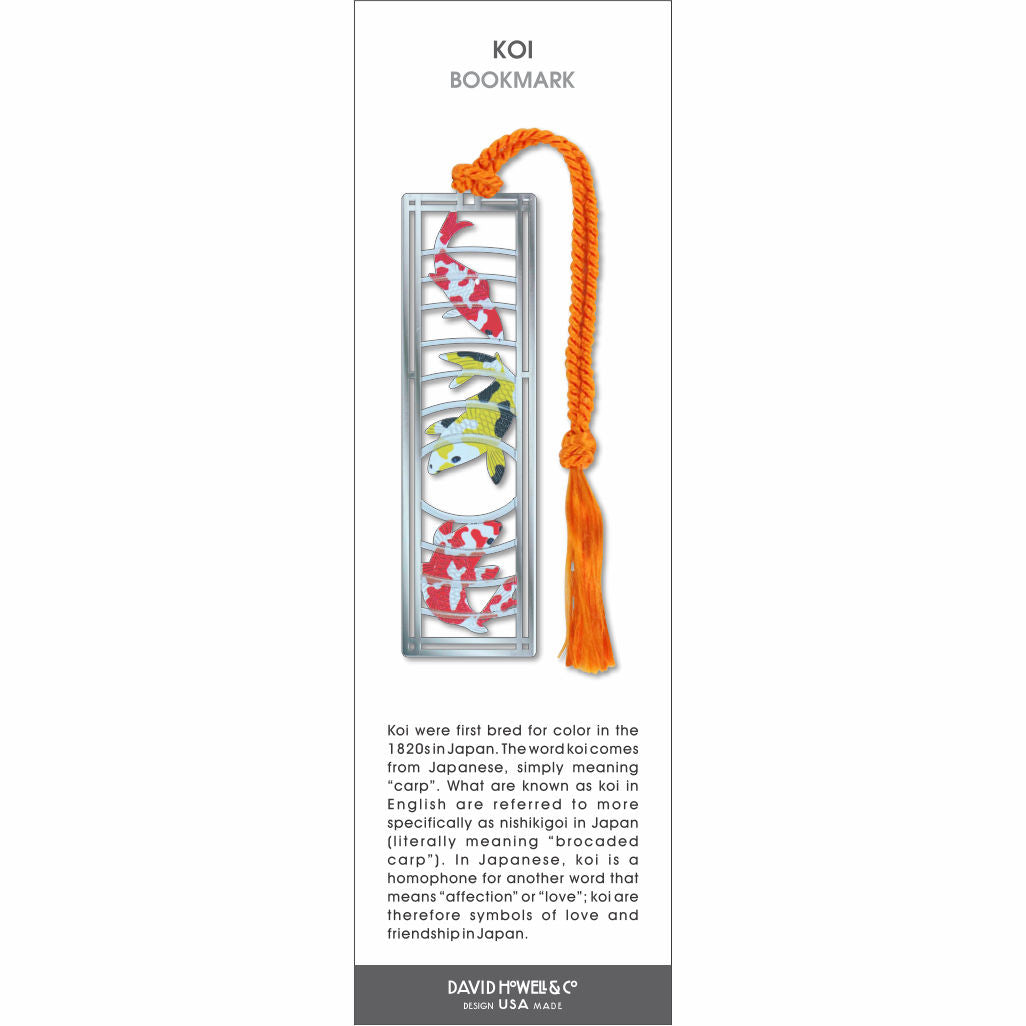 Koi’ fish metal bookmark featuring colorful koi fish in red, white, and yellow within a silver frame and orange tassel.