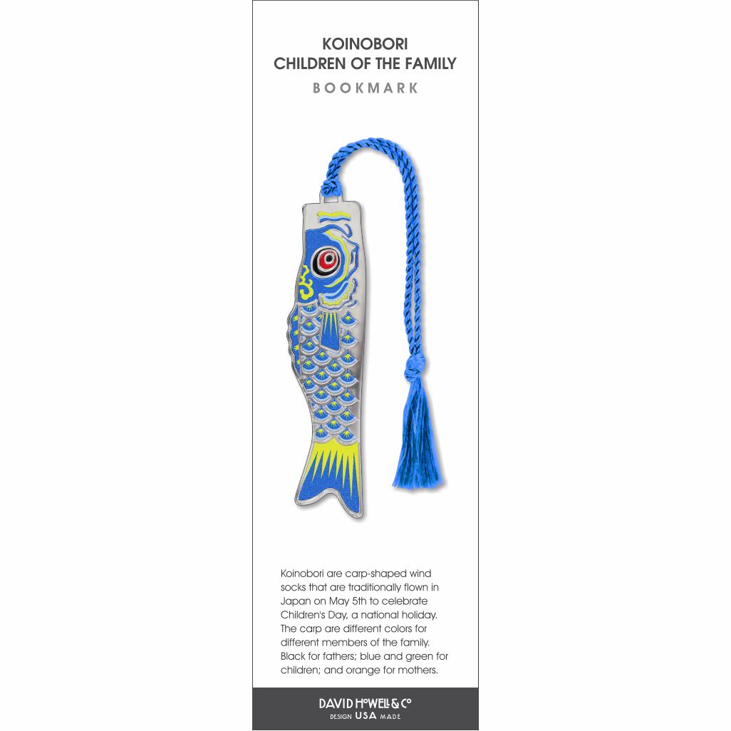 Koinobori Children of the Family Bookmark featuring a blue carp-shaped design with detailed scales and a bright blue braided tassel, inspired by traditional Japanese koinobori windsocks.