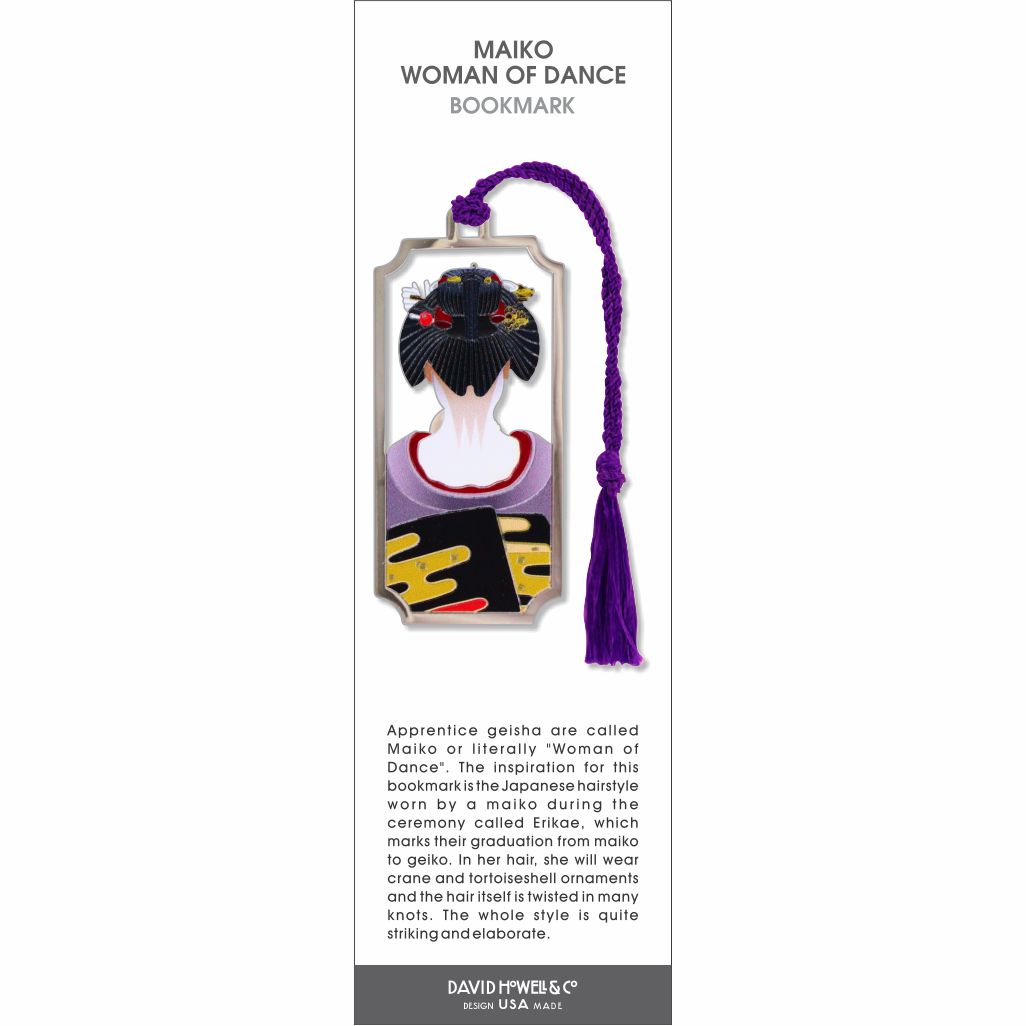Maiko bookmark showing the back view of a traditional Japanese apprentice geisha hairstyle with ornate hairpins and a purple tassel.