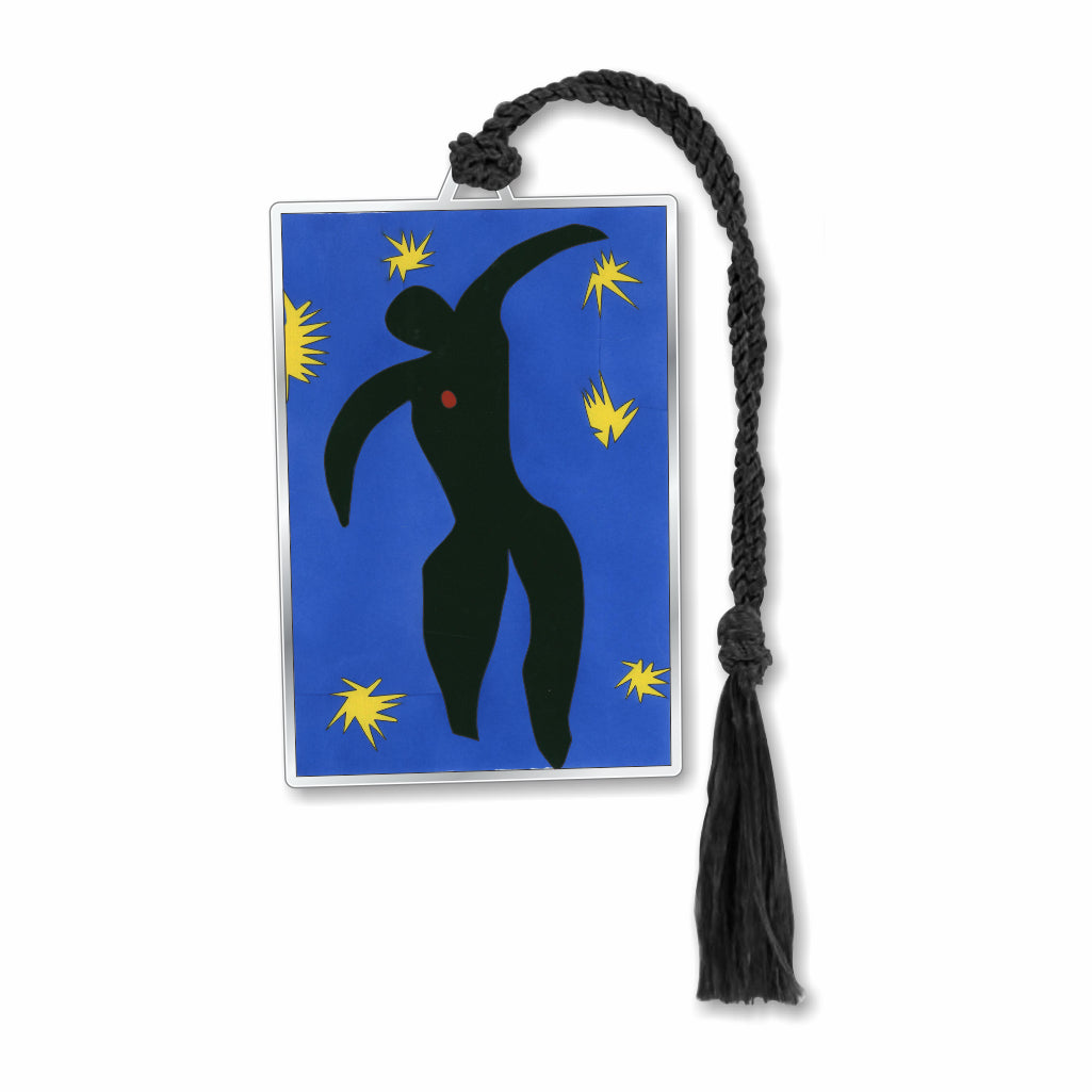 Metal bookmark with silver finish Matisse Icarus silhouette with yellow accents a blue background with a black braided tassel