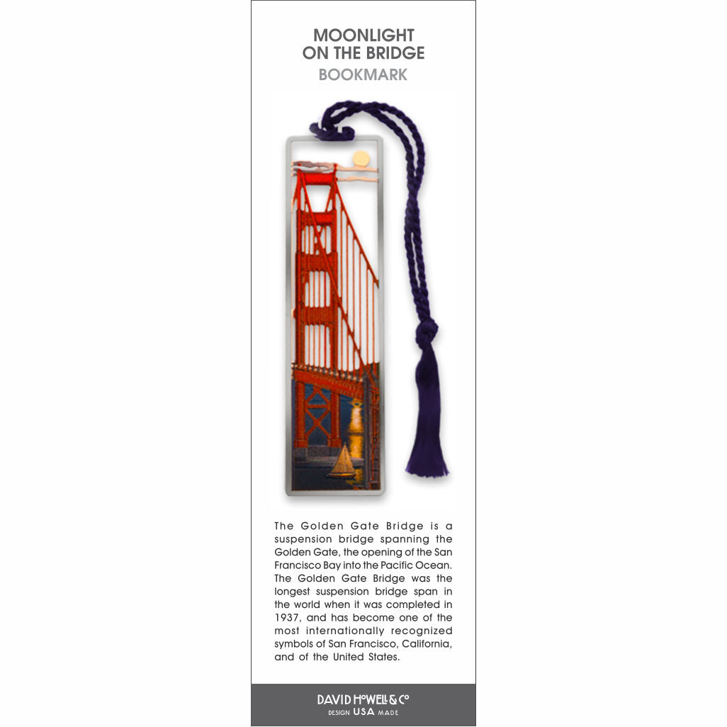 Moonlight on the suspension bridge’ bookmark featuring the Golden Gate Bridge at night with a sailboat and blue tassel.