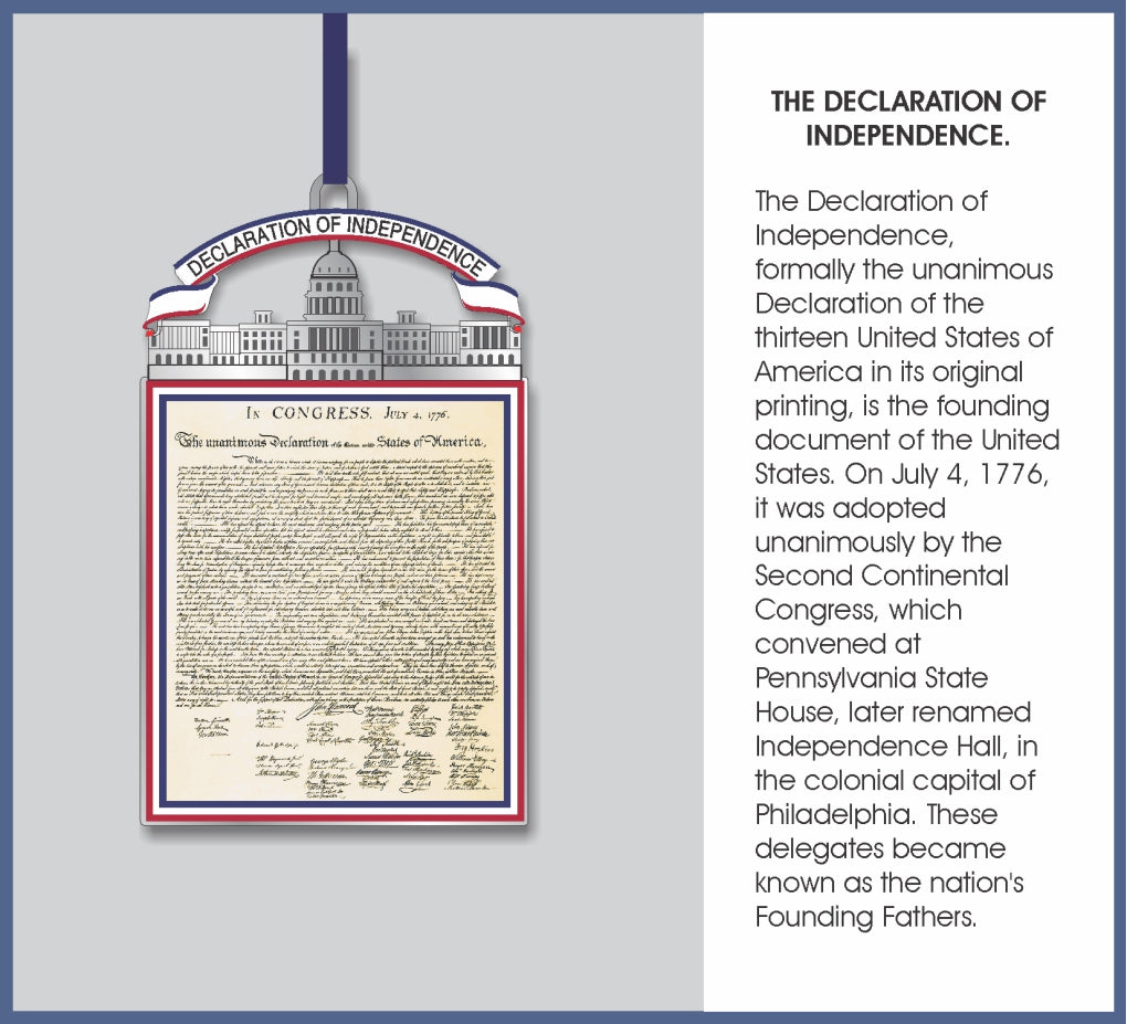 Declaration of Independence ornament featuring a miniature replica of the historic document framed in red, white, and blue with a Capitol building topper and patriotic ribbon banner reading “Declaration of Independence.”